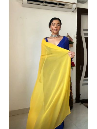 Blue 1 Min Blue Saree Stitched Readymade Sari