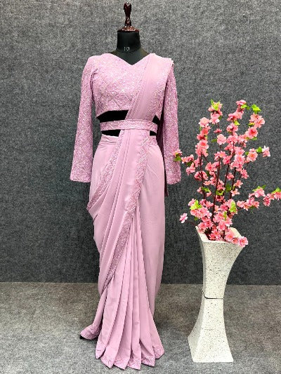 Pink Embroidery Ready to Wear Sari with Readymade Blouse