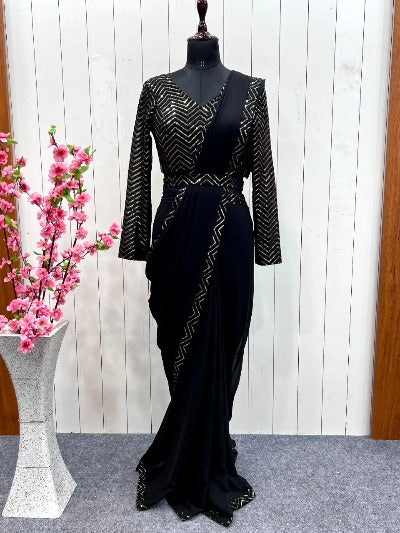 Black PreDraped PreStitched Sari with Readymade Blouse