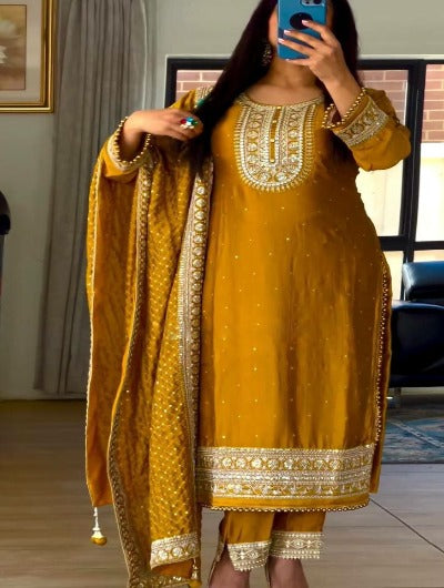 Mustard Satin Silk Heavy Embroidery Salwar Suit Set