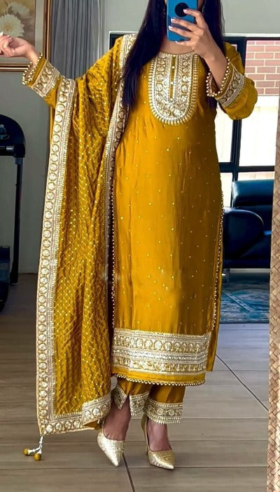 Mustard Satin Silk Heavy Embroidery Salwar Suit Set