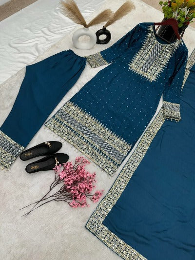 Teal Blue Chinin Silk Embroidery Salwar Suit Set 