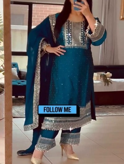 Teal Blue Chinin Silk Embroidery Salwar Suit Set 
