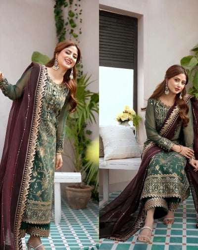 Dark Green Maroon Georgette Embroidery Salwar Suit Set