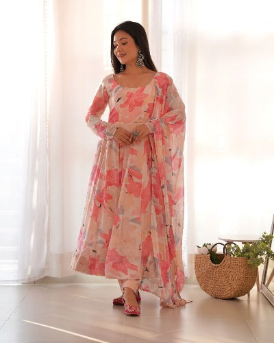 Peachy Pink Georgette Multi Floral Print Anarkali Suit Set