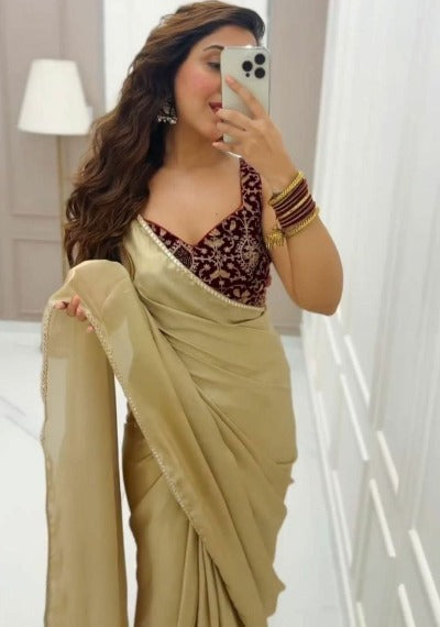 Golden Smooth Satin Silk Partywear Elegant Saree