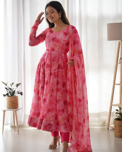 Pink Floral Flair Organza Anarkali Suit Set