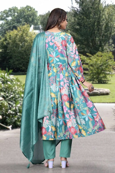 Green Satin Silk Floral Alia Cut Anarkali Suit Set