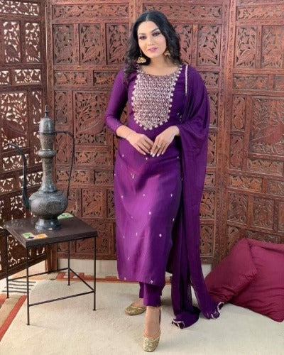 Purple Rayon Embroidery Work Straight Salwar Suit Set