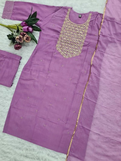 Lavender Rayon Embroidery Work Straight Salwar Suit Set