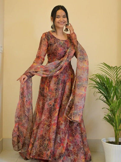 Organza Tabby Silk Multicolour Floral Anarkali Suit Set