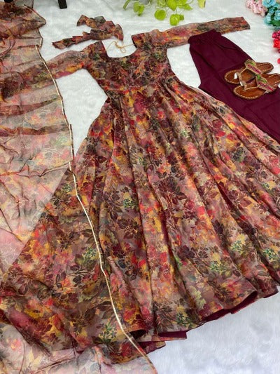 Organza Tabby Silk Multicolour Floral Anarkali Suit Set