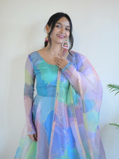 Blue Organza Silk Digital Print Anarkali Gown With Dupatta Set Of 2
