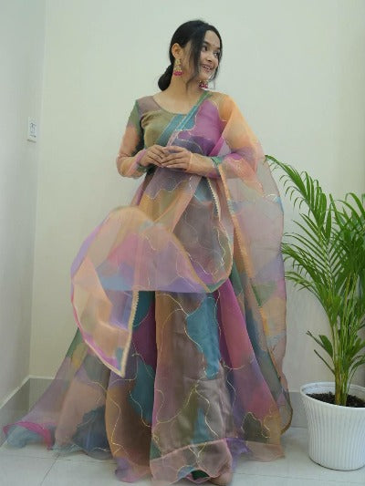 Multicolour Organza Silk Digital Print Anarkali Gown Dupatta Set Of 2