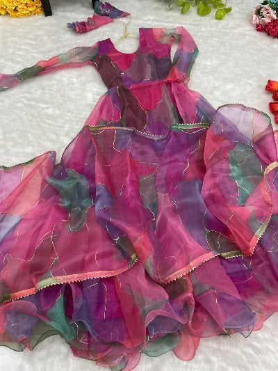 Pink Organza Silk Digital Print Anarkali Gown With Dupatta Set Of 2