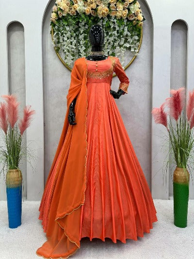 Orange Soft Tapeta Silk Sequenced Anarkali Gown Dupatta Set Of 2