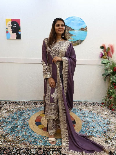 Mauve Purple Chinon Silk Moti Sequence Work Salwar Suit Set