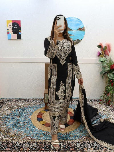 Black Chinon Silk Moti Sequence Work Salwar Suit Set