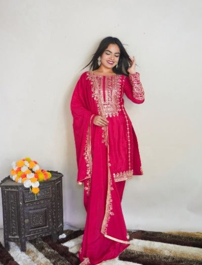 Magenta Chinon Silk Heavy Embroidery Salwar Suit Set