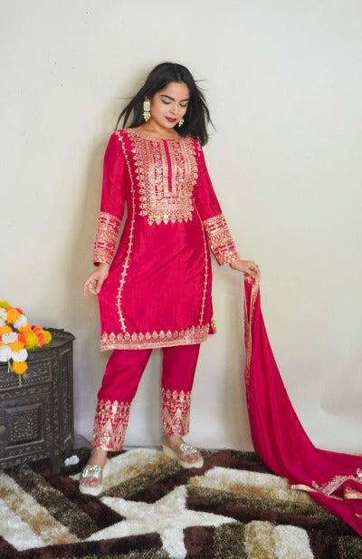 Magenta Chinon Silk Heavy Embroidery Salwar Suit Set
