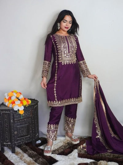 Elegant Purple Chinon Silk Heavy Embroidery Salwar Suit Set