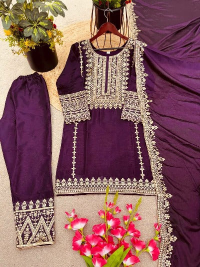Elegant Purple Chinon Silk Heavy Embroidery Salwar Suit Set