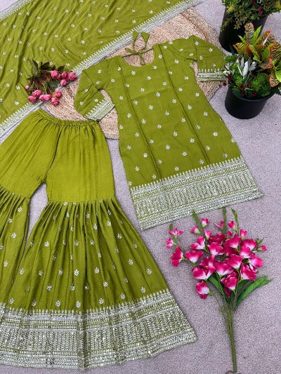Parrot Green Chinon Silk Embroidery Sequence Sharara Suit Set
