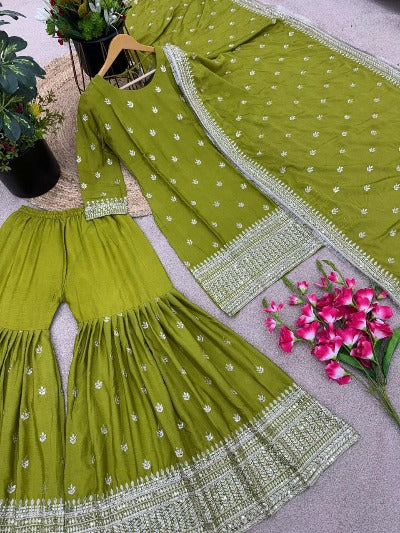 Parrot Green Chinon Silk Embroidery Sequence Sharara Suit Set