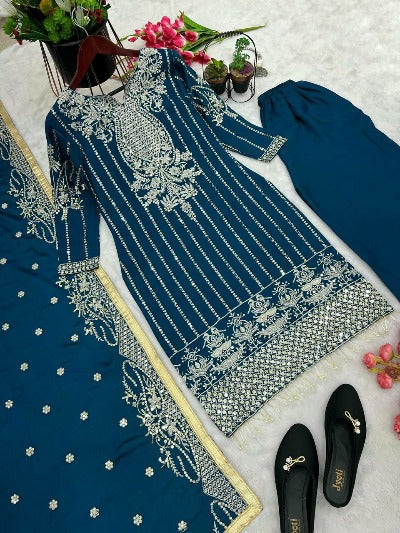 Teal Blue Chinon Silk Embroidery Sequence Salwar Suit Set