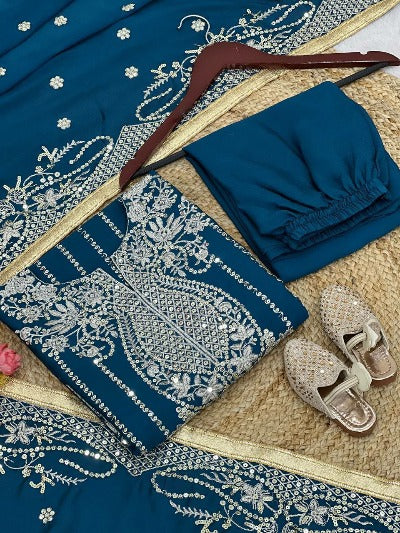 Teal Blue Chinon Silk Embroidery Sequence Salwar Suit Set