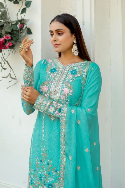 Aqua Blue Chinon Silk Designer Handwork Salwar Suit Set