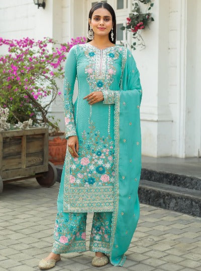 Aqua Blue Chinon Silk Designer Handwork Salwar Suit Set