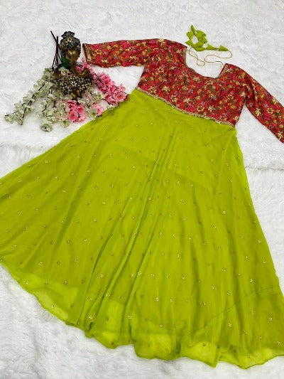 Green & Pink Georgette Chinnon 1Pc Gown Dress