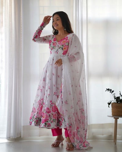White Soft Organza Silk Pink Floral Anarkali Suit Set