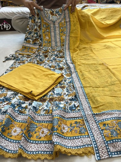 Yellow Cotton Mill Printed Anarkali Suit Set