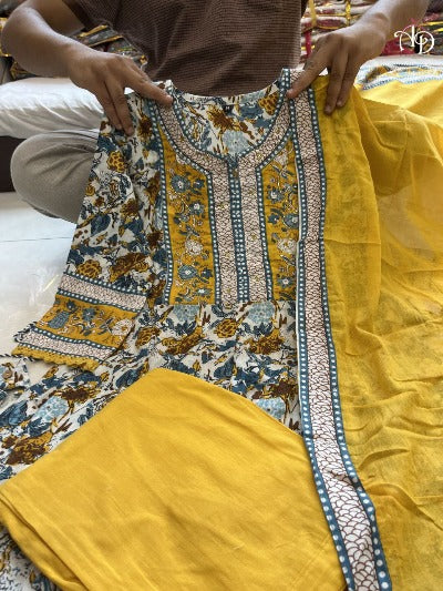 Yellow Cotton Mill Printed Anarkali Suit Set