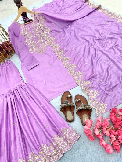 Lavender Chinon Silk Sequence Work Sharara Suit Set