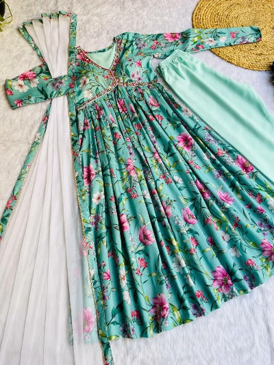 Sea Green Georgette Alia Cut Floral Anarkali Suit Set