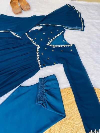 Teal Blue Georgette Alia Cut  Anarkali Gown Suit Set