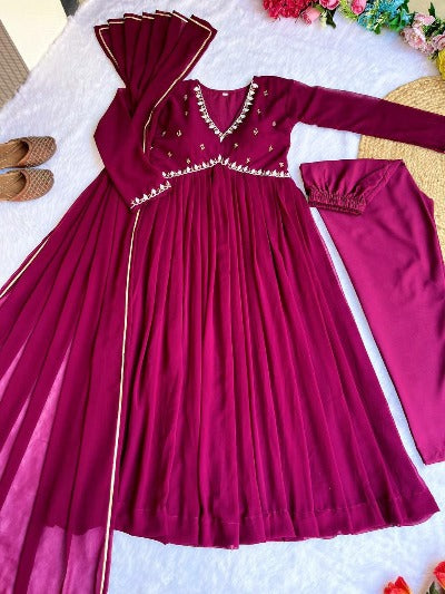 Magenta Georgette Alia Cut  Anarkali Gown Suit Set