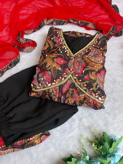 Black Digital Print Cotton Alia Cut Anarkali Suit Set