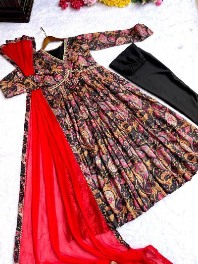 Black Digital Print Cotton Alia Cut Anarkali Suit Set