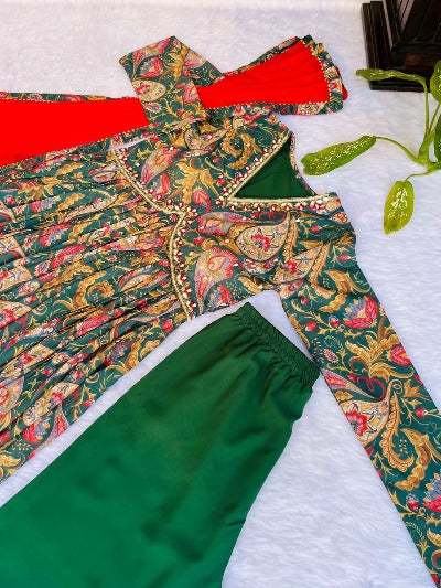 Dark Green Digital Print Cotton Alia Cut Anarkali Suit Set