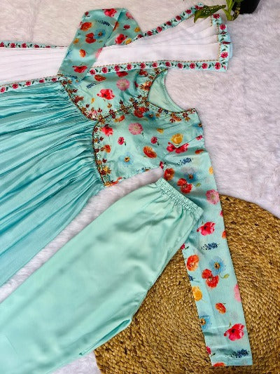 Sea Green Cotton Alia Cut Digital Floral Print Anarkali Suit Set