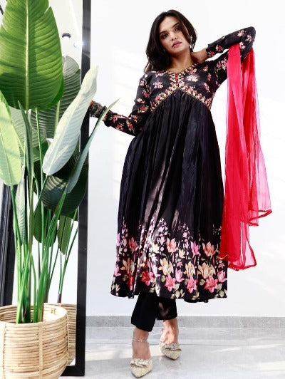 Black Cotton Alia Cut Digital Floral Print Anarkali Suit Set