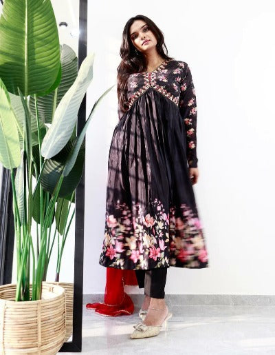 Black Cotton Alia Cut Digital Floral Print Anarkali Suit Set