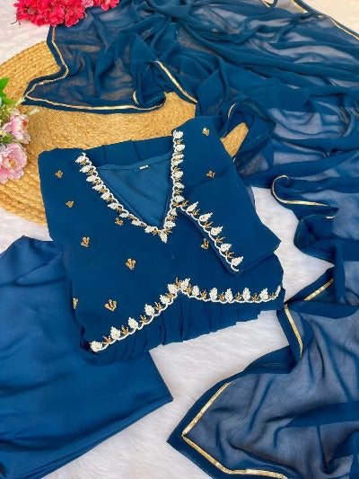 Teal Blue Georgette Alia Cut  Anarkali Gown Suit Set