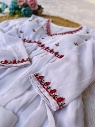 White Georgette Alia Cut  Anarkali Gown Suit Set