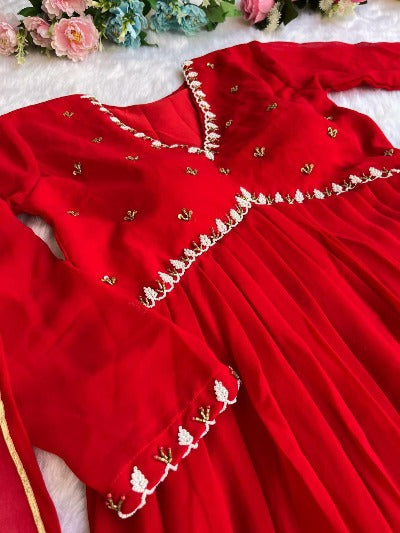 Red Georgette Alia Cut  Anarkali Gown Suit Set