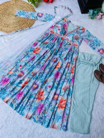 Blue Digital Print Cotton Alia Cut Anarkali Suit Set 